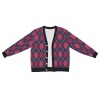 Men's pink and navy argyle cardigan, black trim, and white buttons, stylish sweater.