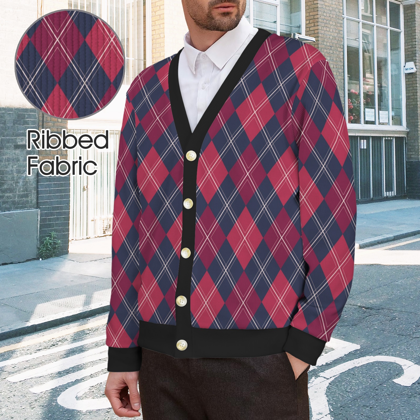 Men's argyle cardigan in vibrant red and navy diamond pattern, black trim, and white buttons