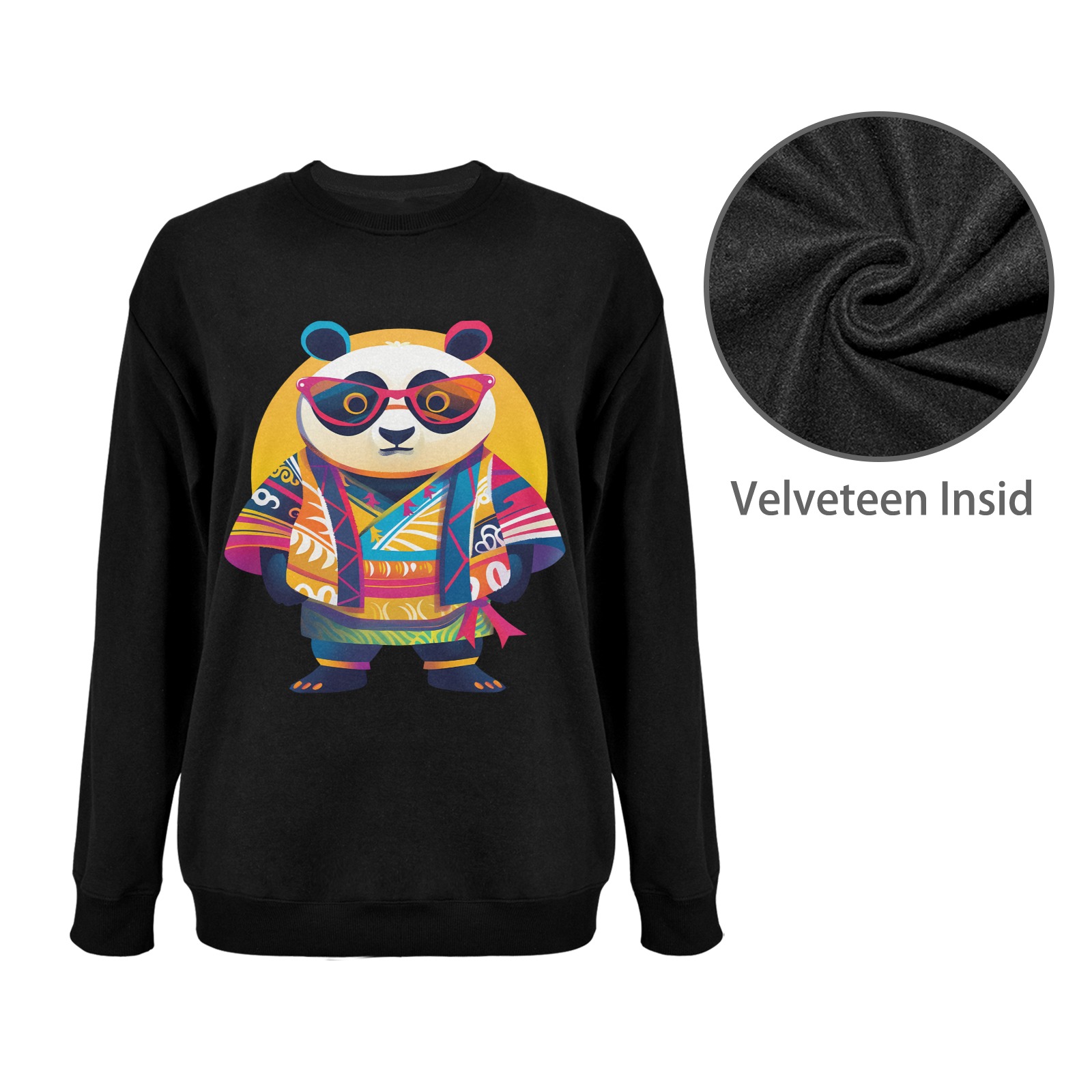 Black Unisex Fleece Sweatshirt with Panda Print, made in USA, round neck, long sleeve.