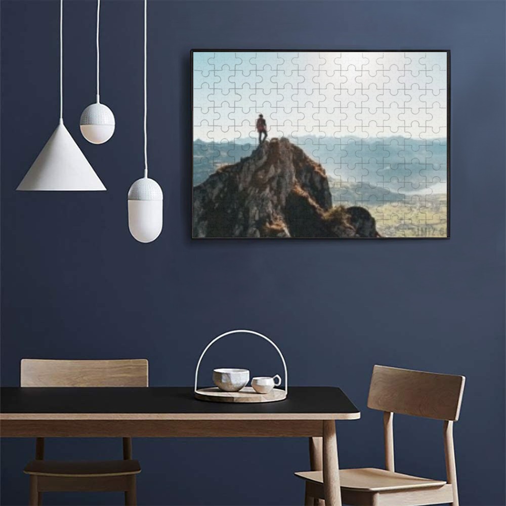 Custom 500-Piece Wooden Photo Puzzle displayed in a modern home setting, personalized gift.