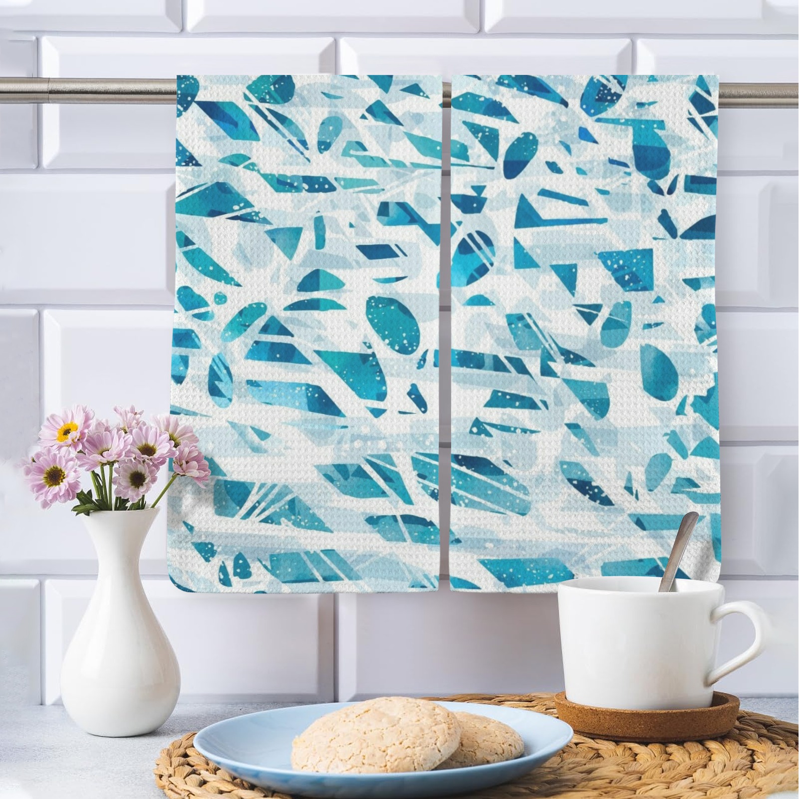 Blue leaf pattern kitchen hand towels, 40x60cm, soft and absorbent, Made in USA
