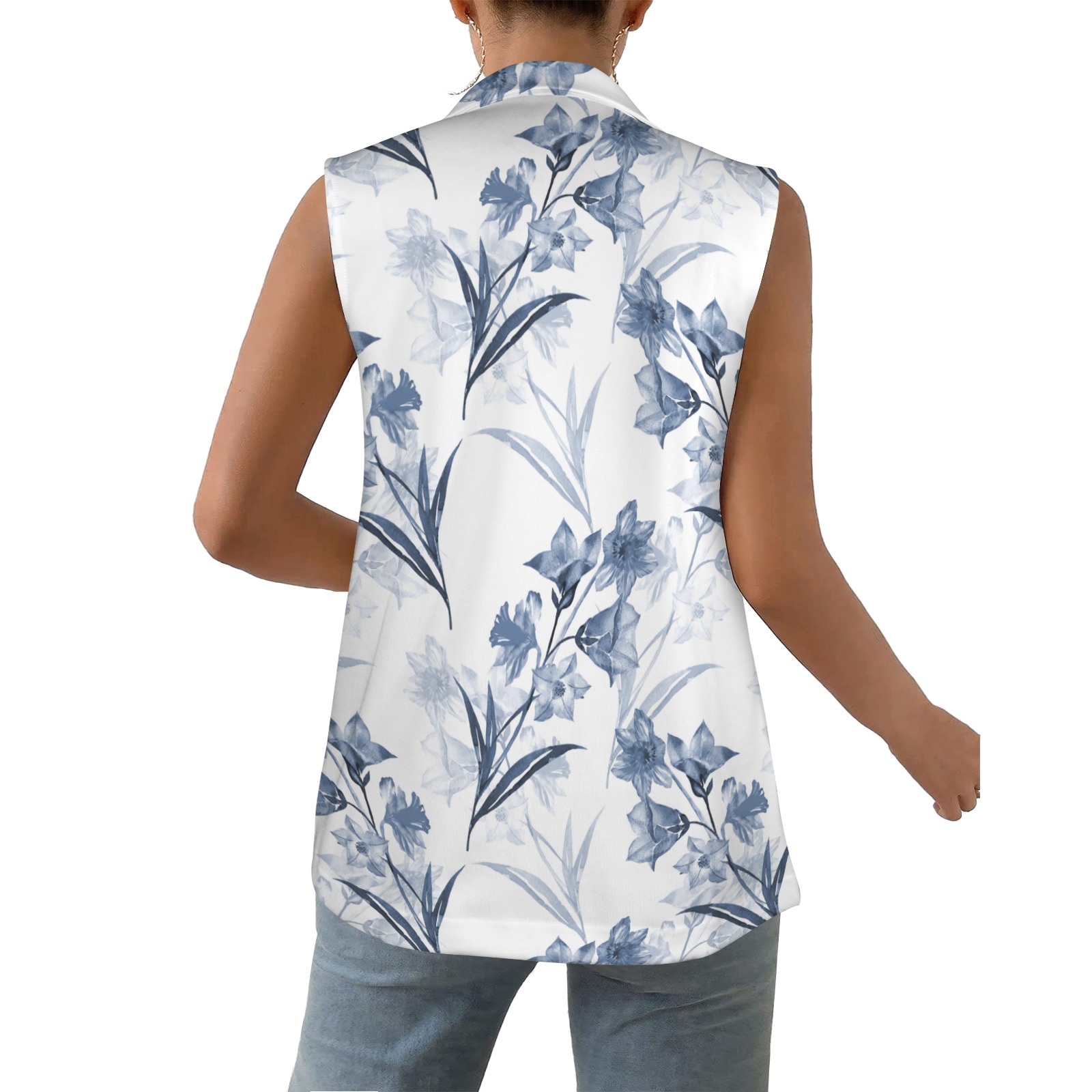 Women's Sleeveless Blazer with floral print made of polyester, perfect for business meetings and office wear.