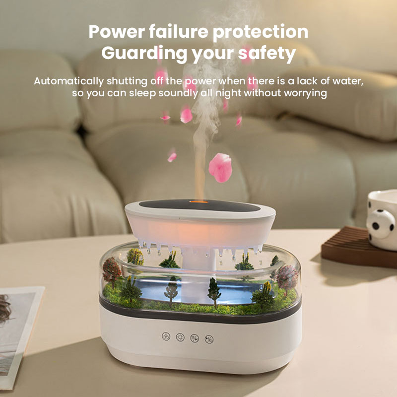 Dim bedroom at night with a small humidifier waiting on the nightstand