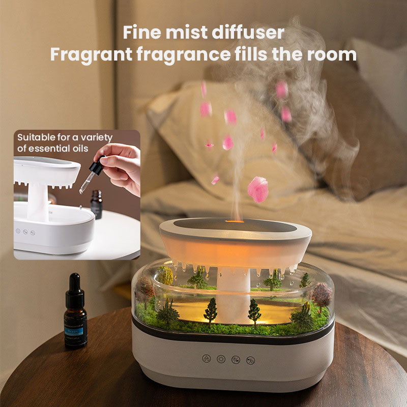 Miniature moss and tree landscape under a clear dome on a desk