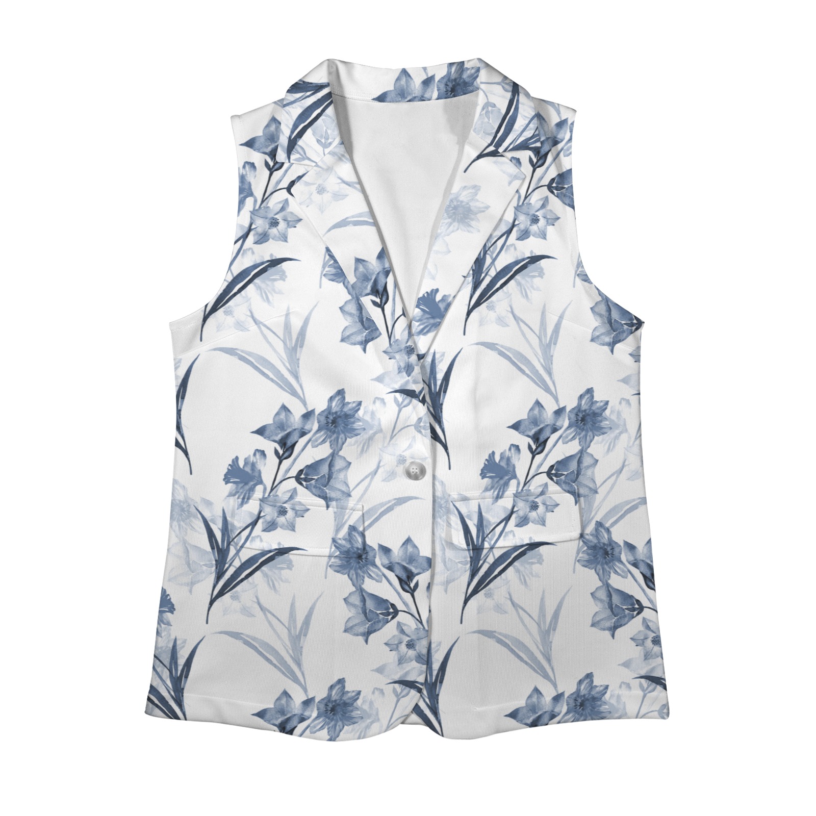Women's Sleeveless Blazer with floral print, polyester, for business or office.