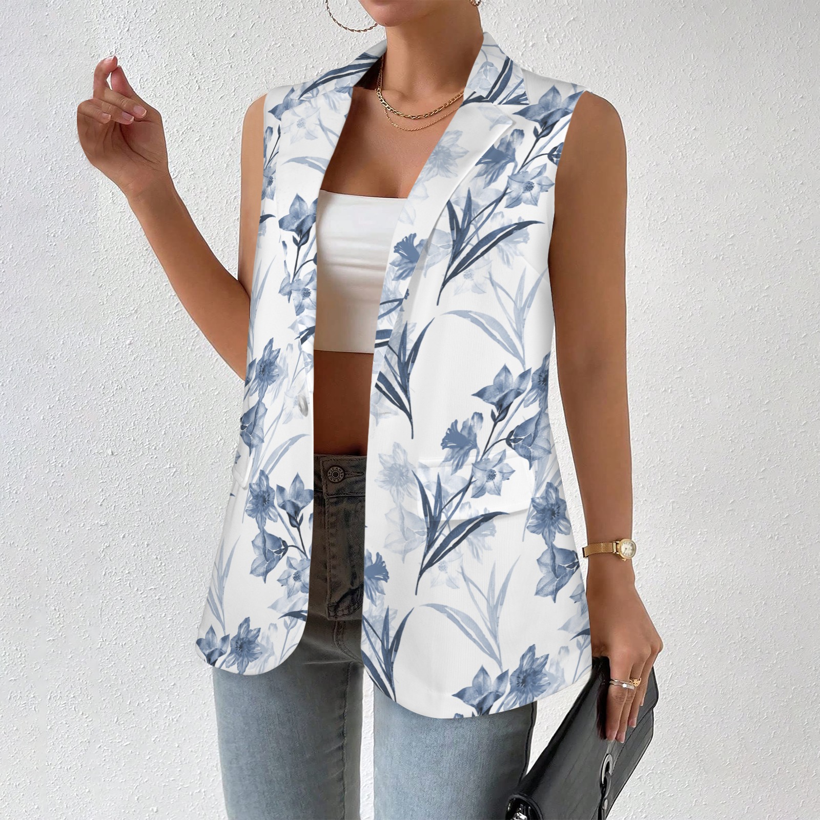 Women's Sleeveless Floral Blazer in Polyester, perfect for office and business wear