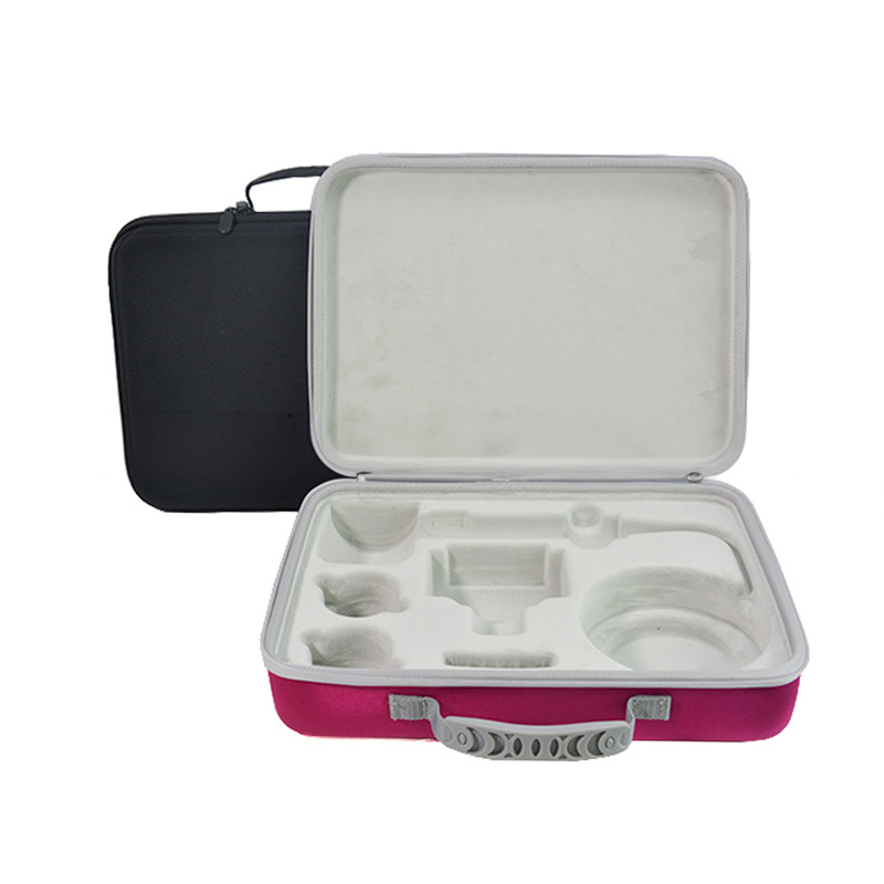 Hot pink hair dryer case with grey lining shown in a bathroom setting