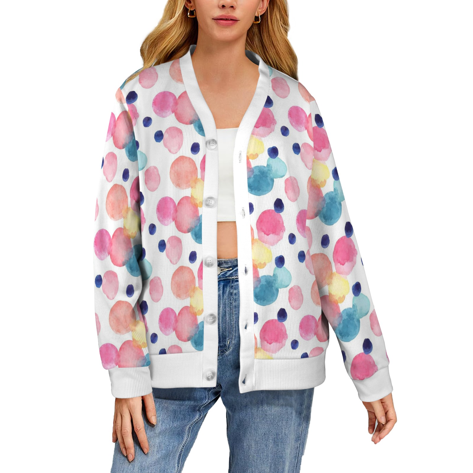 Women's  cardigan with colorful polka dot print, comfortable and stylish