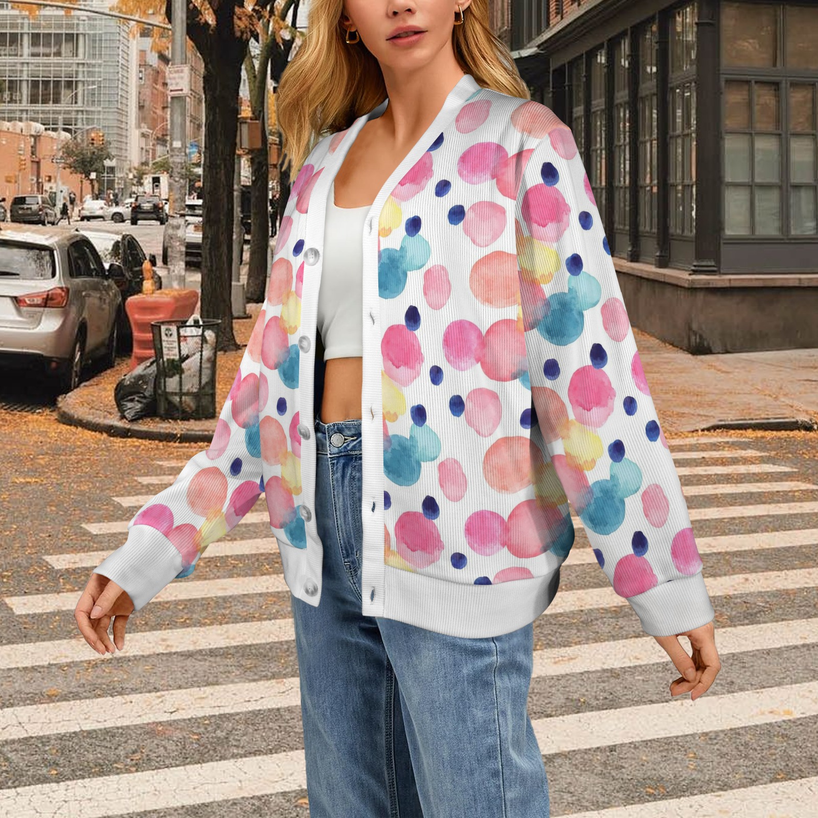 Women's cardigan with colorful print, comfortable and stylish, suitable for daily wear and travel.