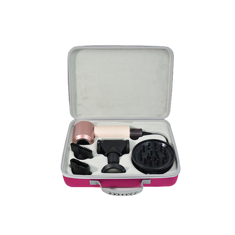 Dryer and attachments packed neatly inside a structured travel case