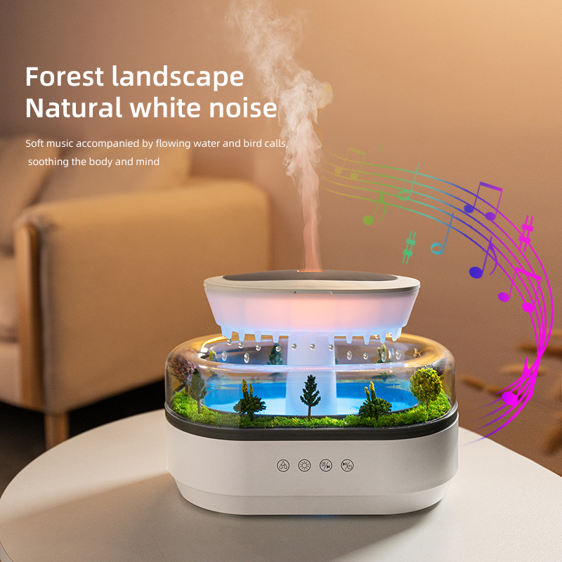 Diffuser on a living room side table with a sound graphic beside it