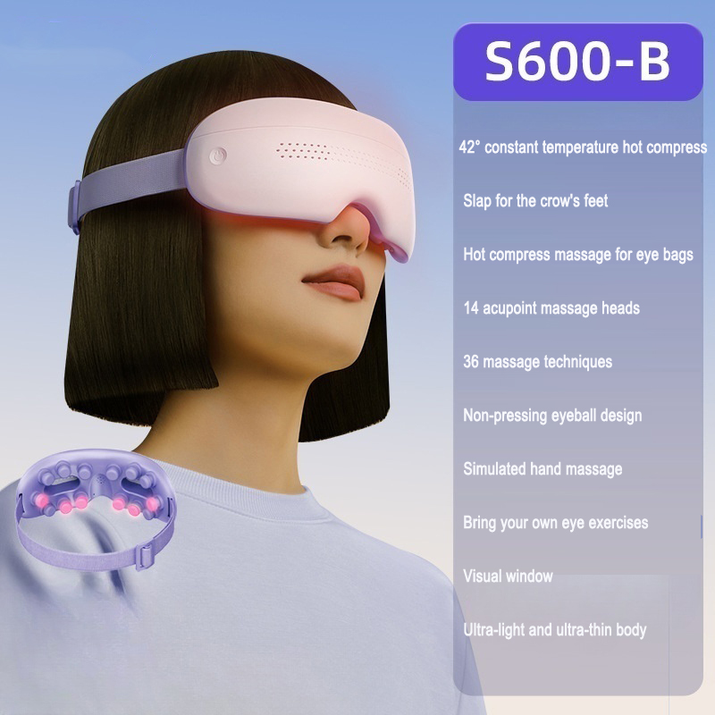 Lavender eye massager worn by model showing inner headband massage heads