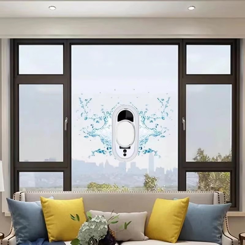 Robot mounted on large residential window with water splash effect graphics, modern interior with yellow cushions visible below