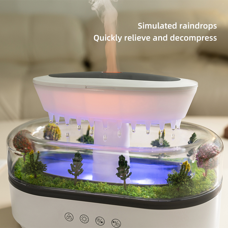 Close-up of simulated raindrops falling from the cap into a miniature forest