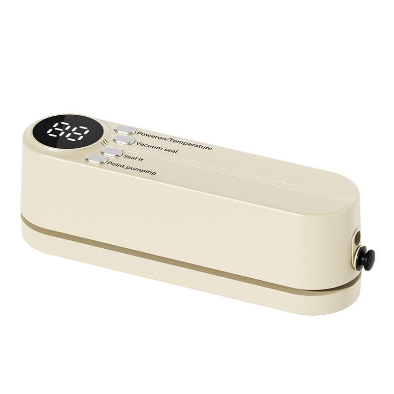 Beige cordless 3 - in - 1 food sealer. For dry/moist food, 4 bags. Seals chip bags, inflates items