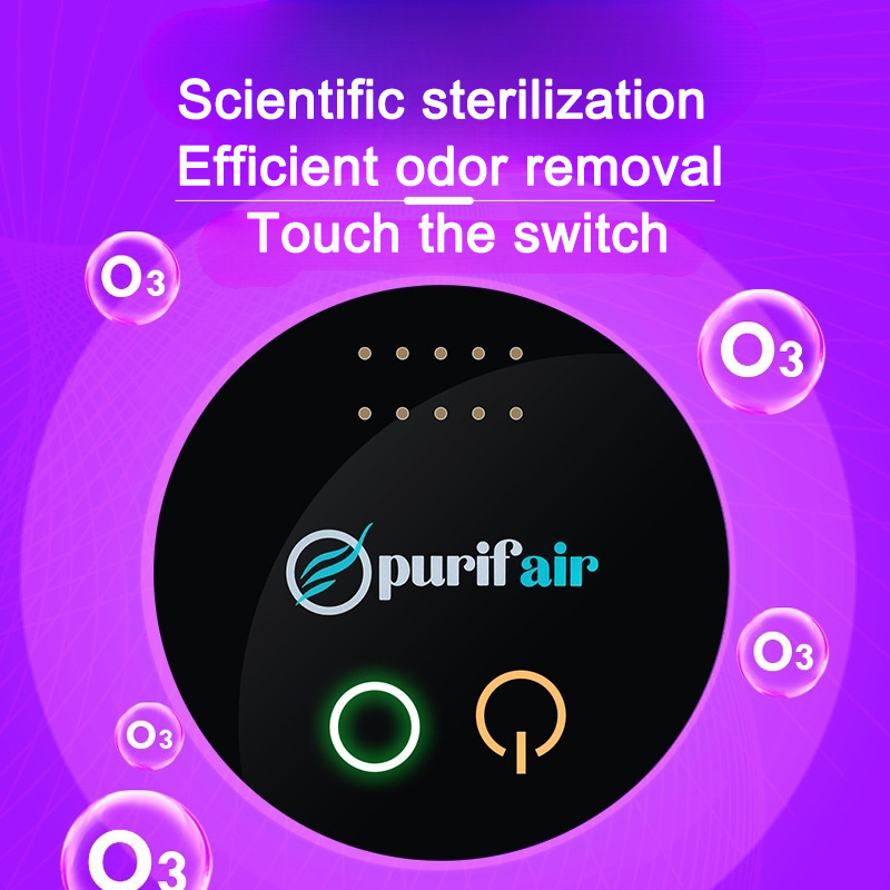 Purifier on purple backdrop with O3 ozone bubbles rising