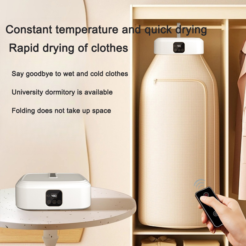 Drying bag tucked beside hanging clothes in a closet at night
