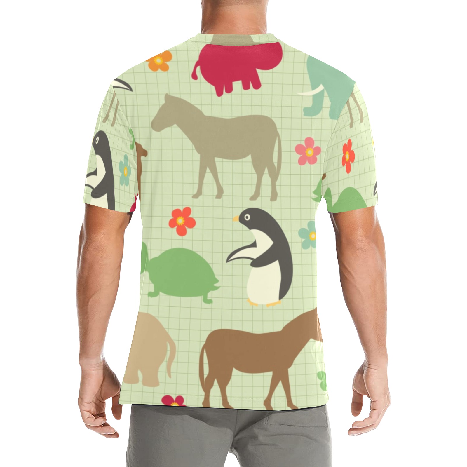 Men's All Over Print Crew Neck T-Shirt featuring a playful animal pattern in soft colors.