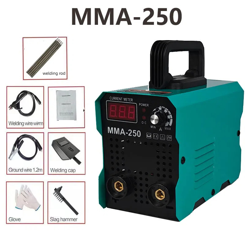 MMA-250 welder with rods, wire, helmet, gloves and slag hammer laid out