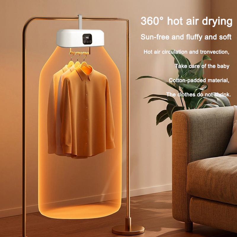 Warm-lit drying bag with shirts hanging under the hot-air unit