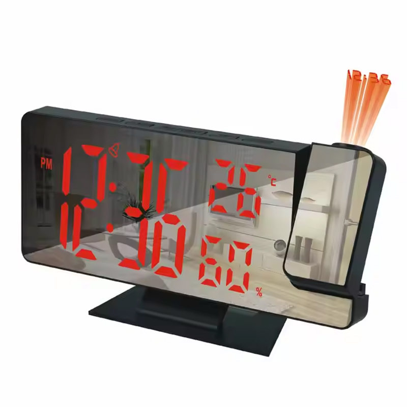 Projection clock with red digits and orange beams on a bedroom nightstand