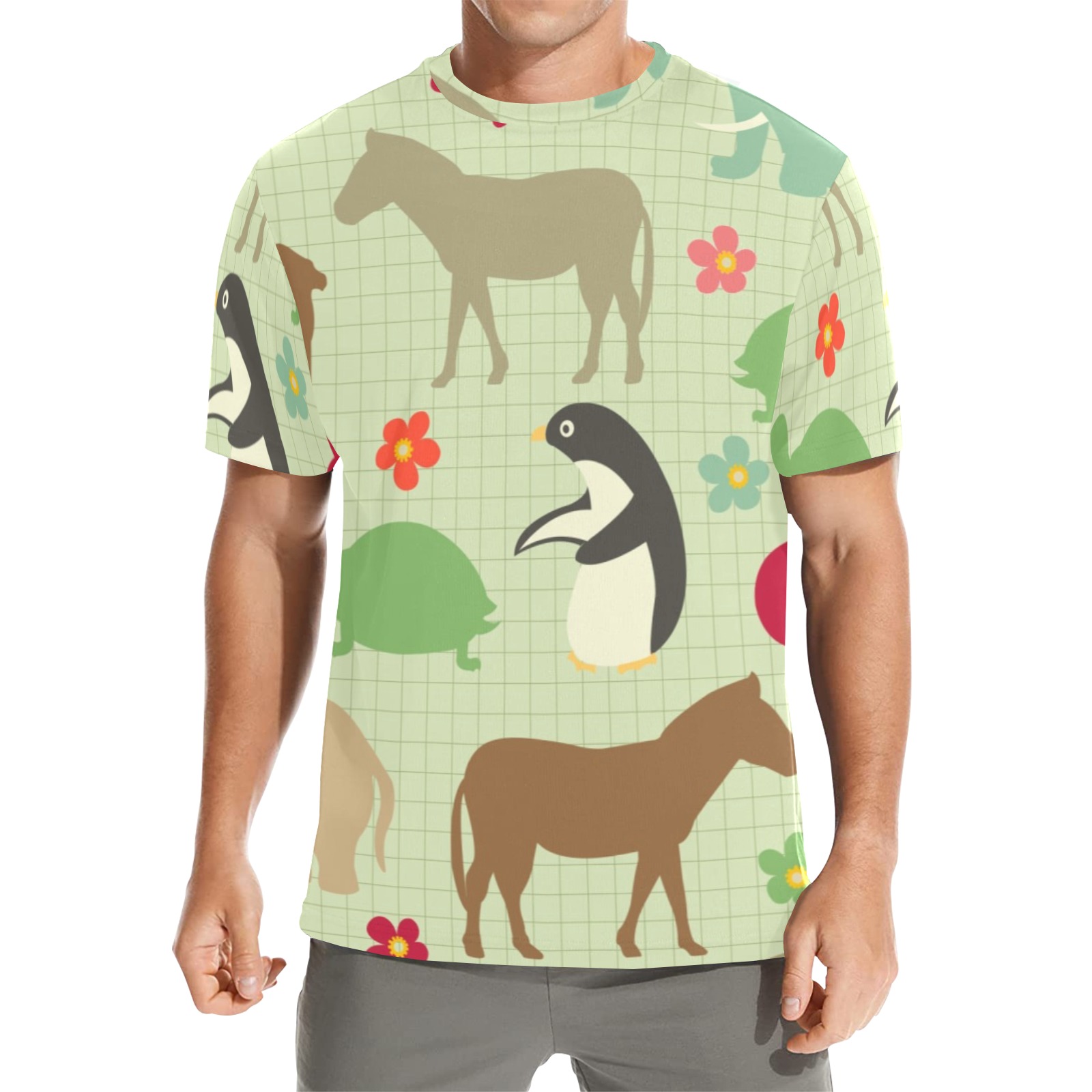 Men's All Over Print Crew Neck T-Shirt featuring a playful animal pattern in soft colors.