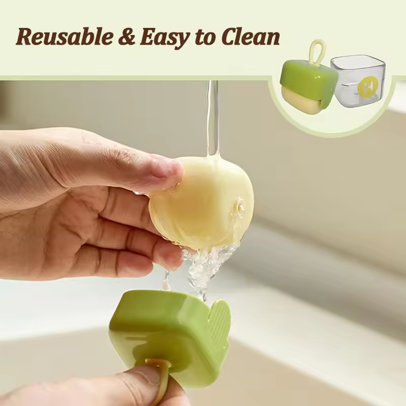 Hand rinsing a green lint roller under running tap water