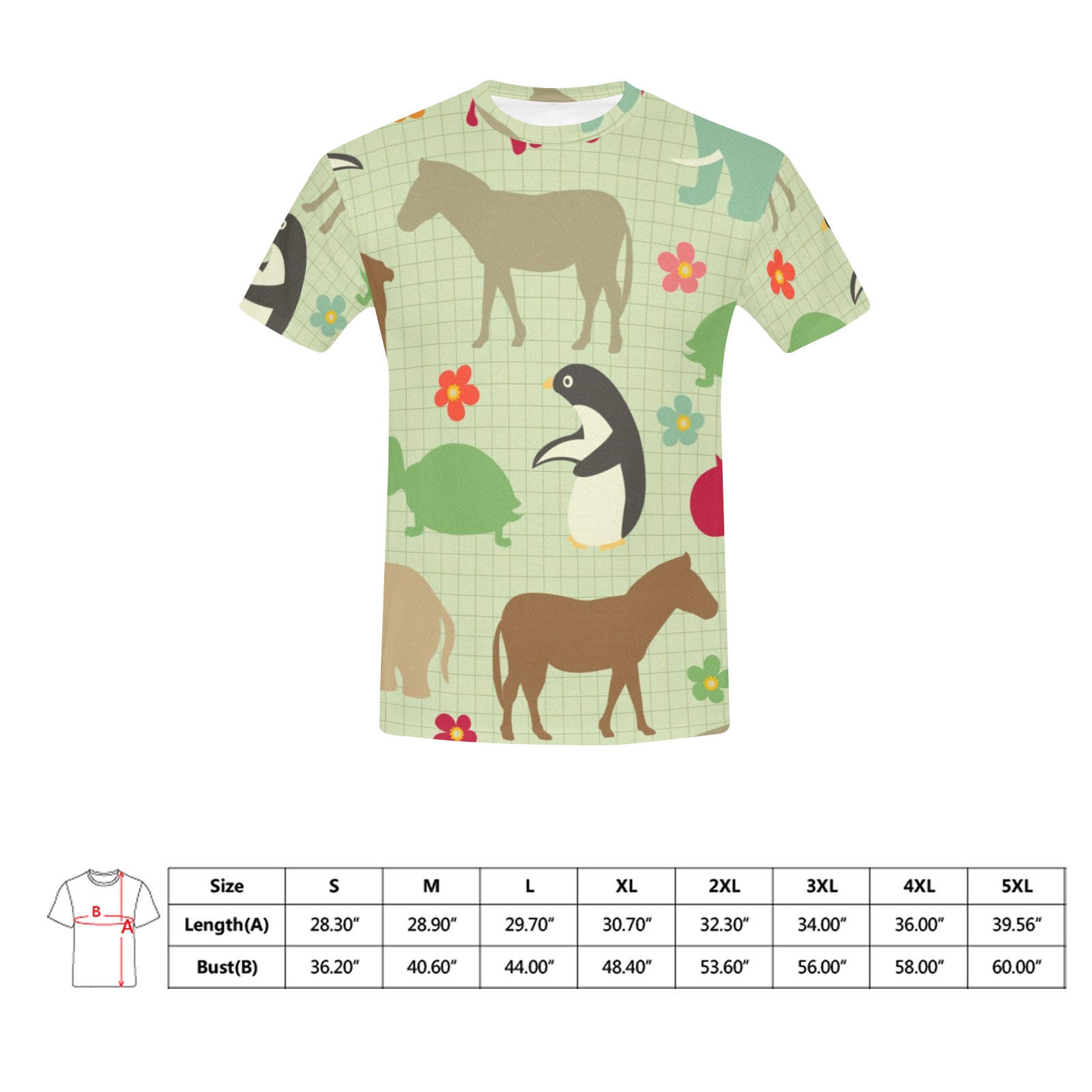 Men's All Over Print Crew Neck T-Shirt featuring playful animal pattern in polyester.