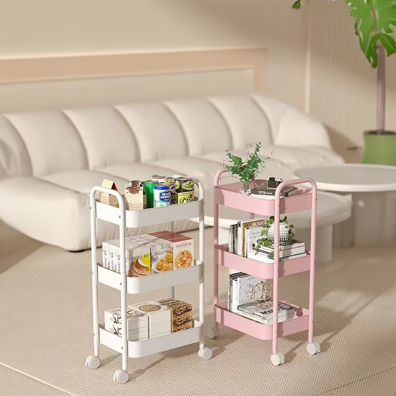 Rolling metal cart pulled beside a kitchen counter with supplies on top