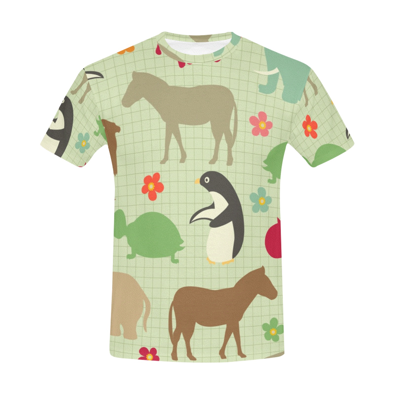 Men's all-over print crew neck T-shirt with animal pattern, made of polyester, perfect for summer wear.