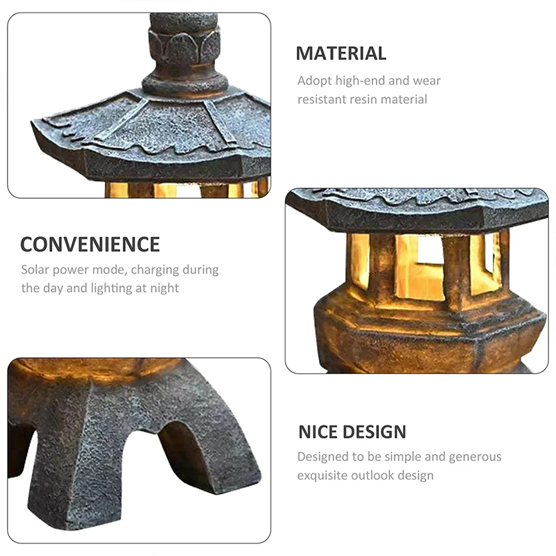 Solar pagoda lantern placed among garden stones in soft light