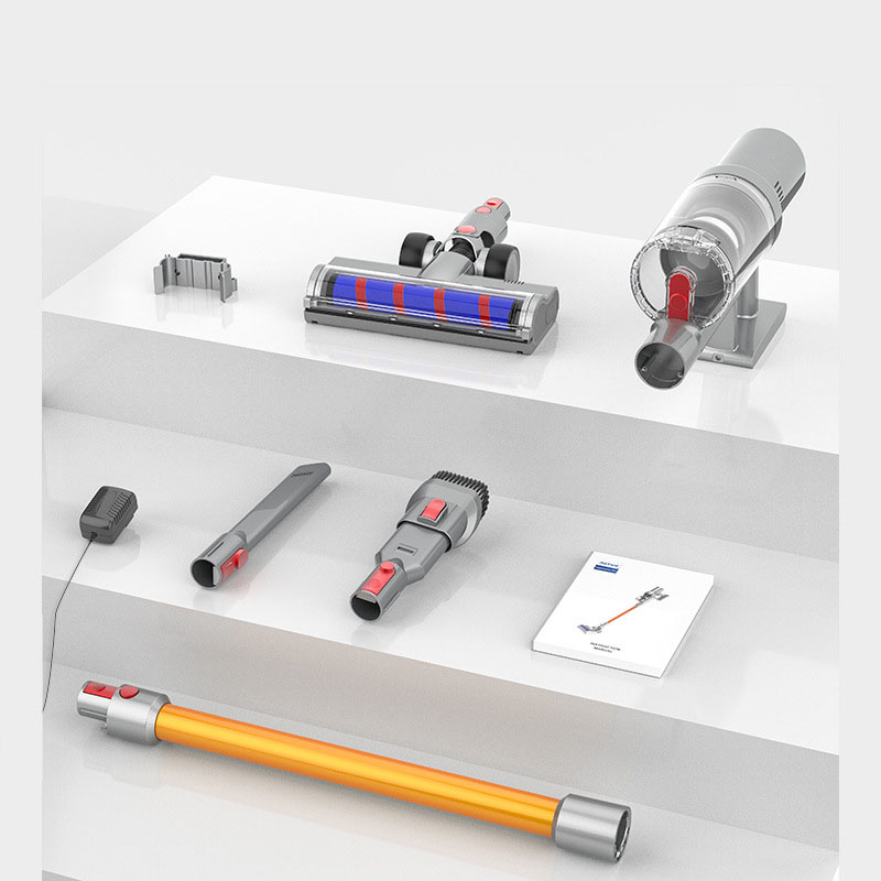 All included attachments and the wall bracket laid out for a cordless vacuum