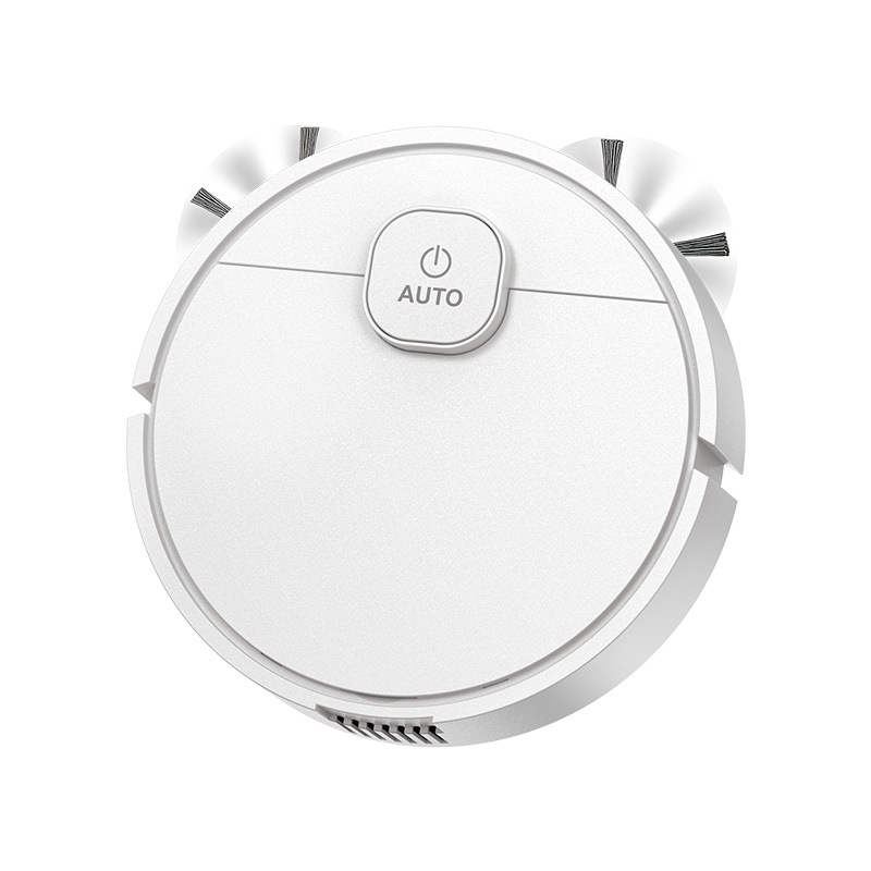 Top-down view of pearl white robot, AUTO button centered on brushed surface