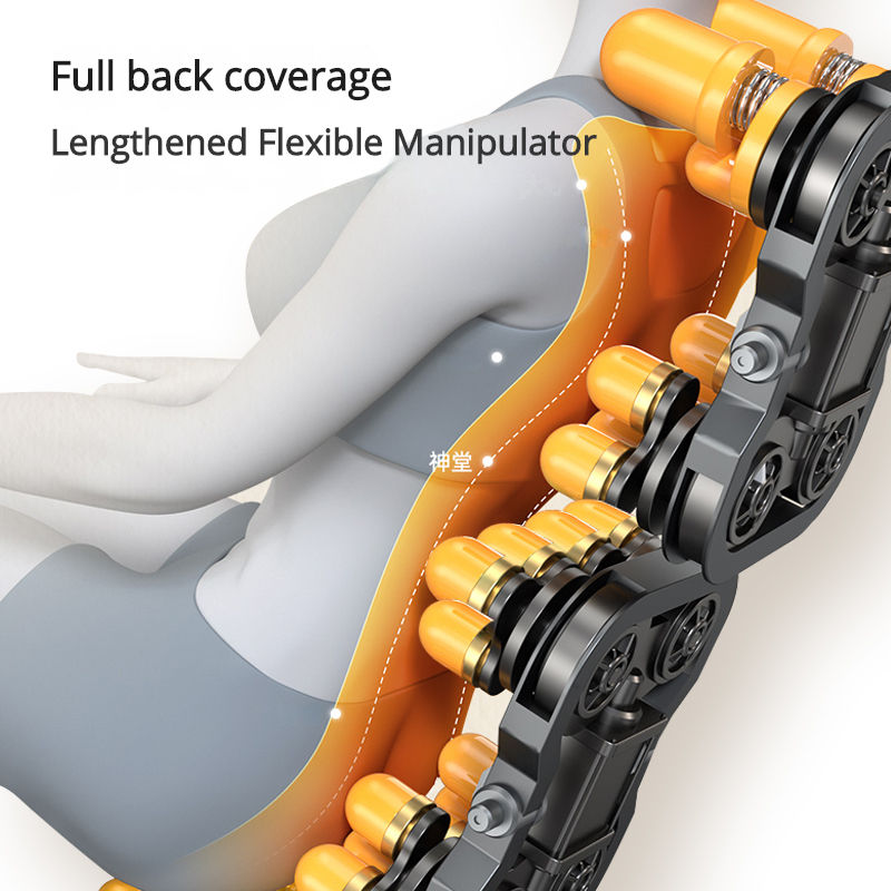 Massage manipulator tracking along the spine in a cream recliner