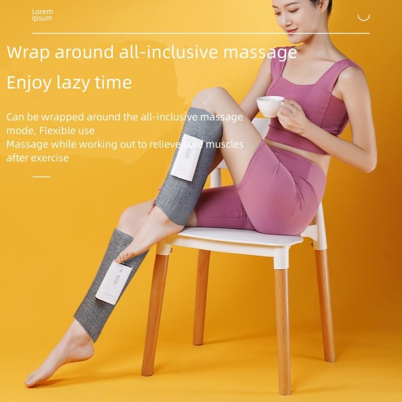 Seated woman with grey wrap fitted around calf and thigh