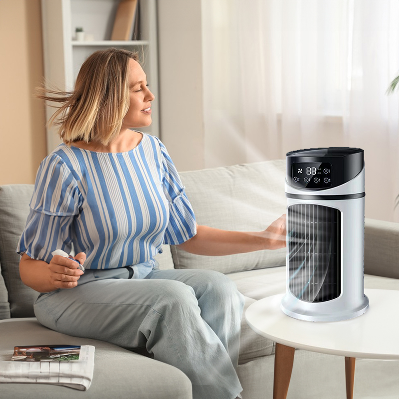 Tower fan photographed in a living room interior setting