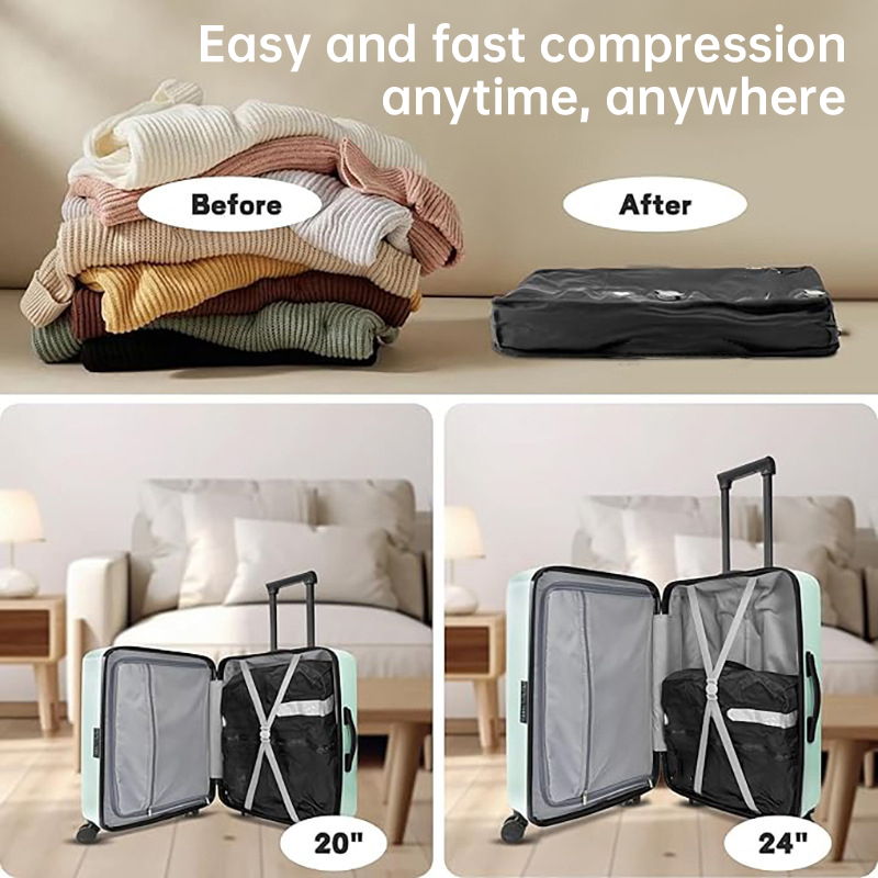 Flat sealed packing bags stacked neatly in an open suitcase