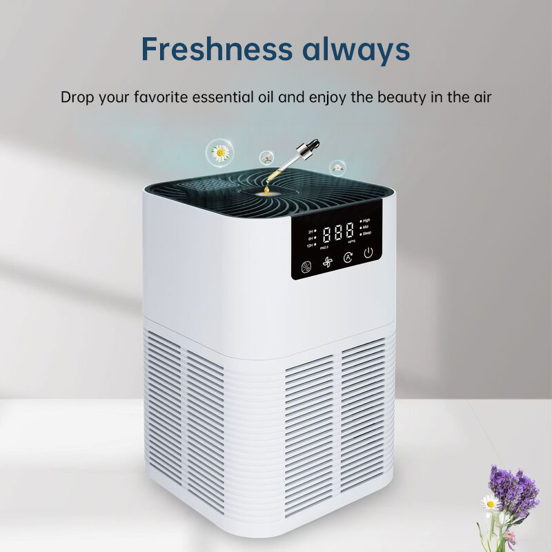 Desktop air purifier with essential oil dropper on top of the grille