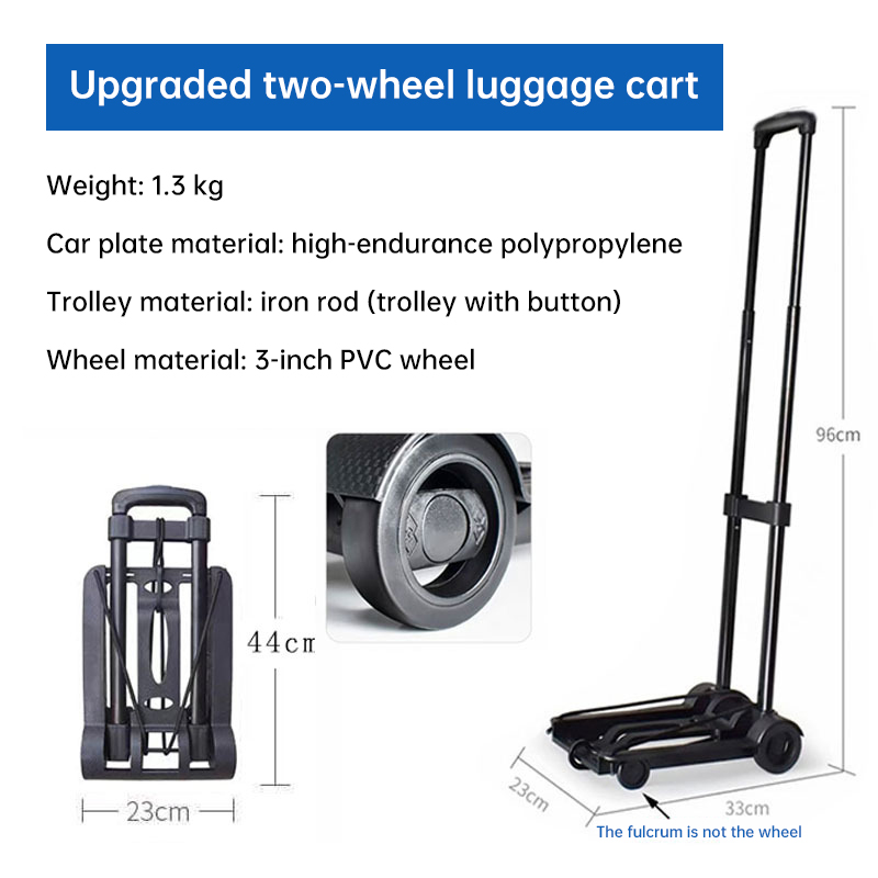 Folded two-wheel cart with size measurements on a plain background