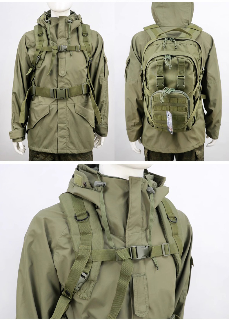 Assault pack with top compartment and straps laid out in detail