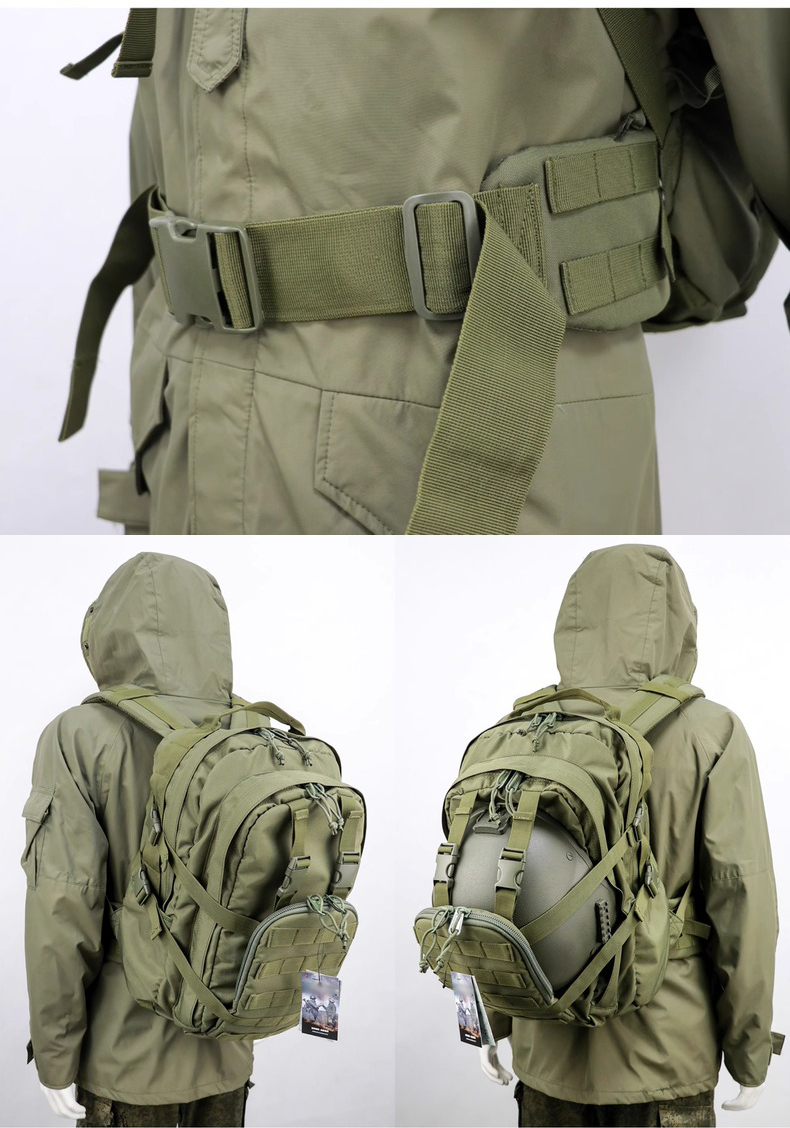 Black assault pack photographed alongside its matte nylon body and webbing