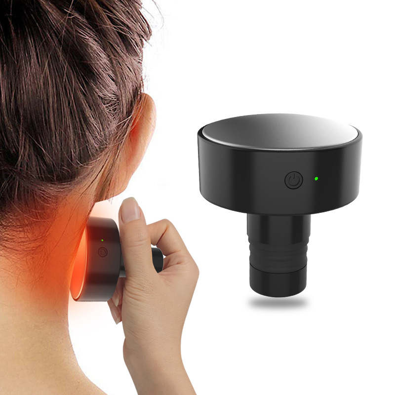 Woman holding a heat head to her neck with a red glow