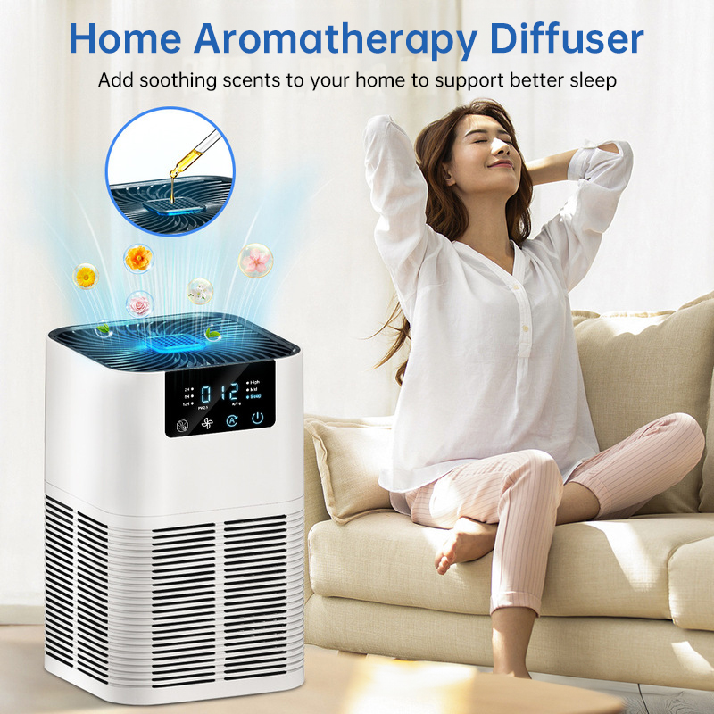 Woman relaxing on a sofa beside a white desktop air purifier