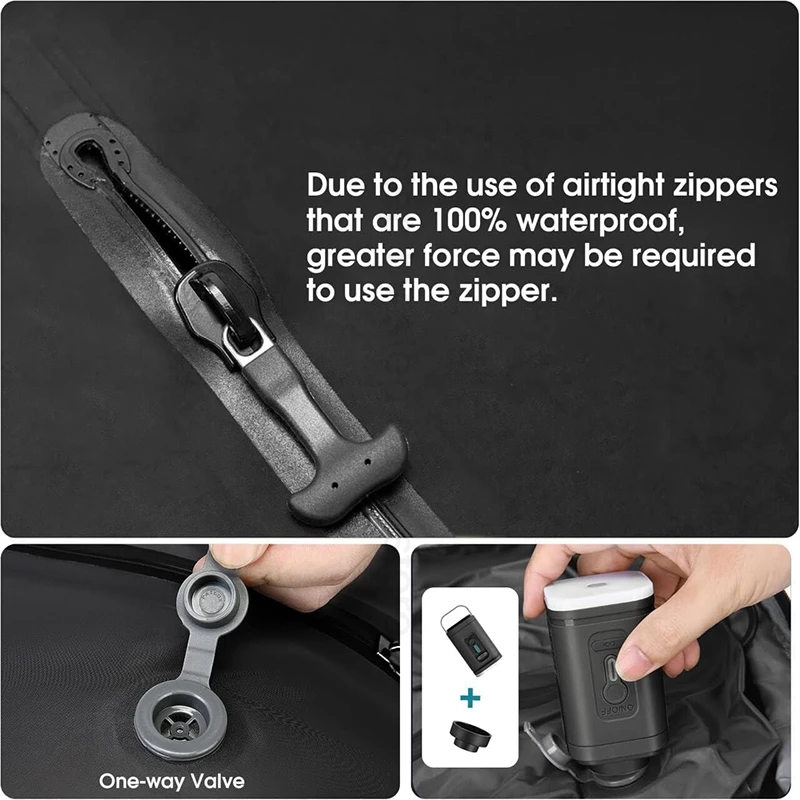 Hands pressing the pump button to seal a packing bag flat on a bed