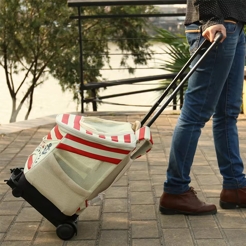 Cart carrying a striped canvas bag on a riverside path