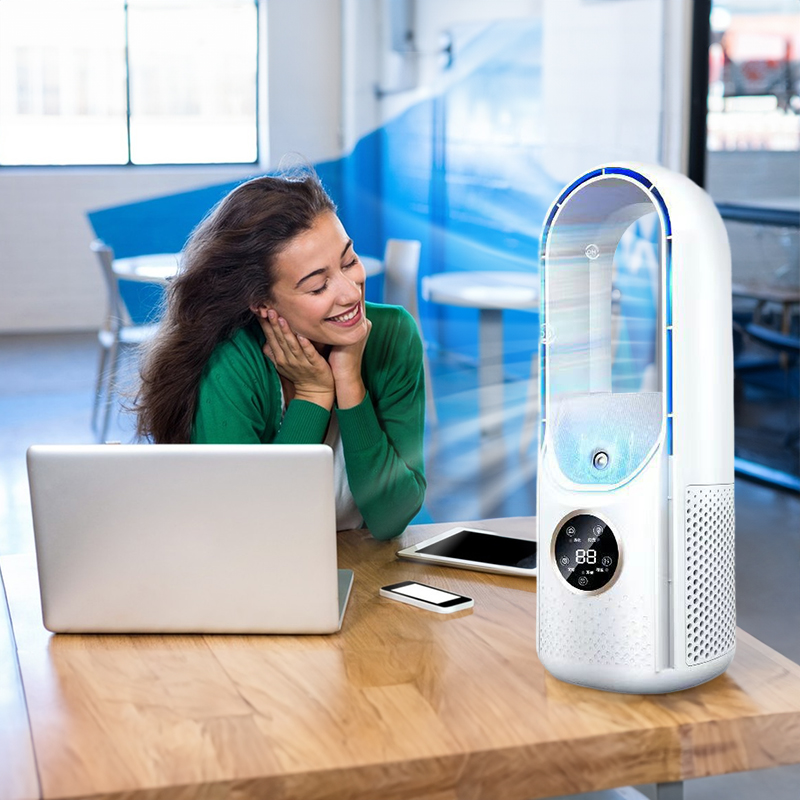 Tower fan set in a domestic room, product photo