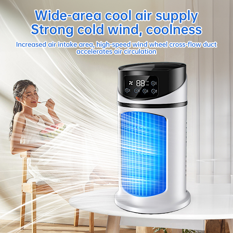 Compact tower fan shown in a home setting, product photo