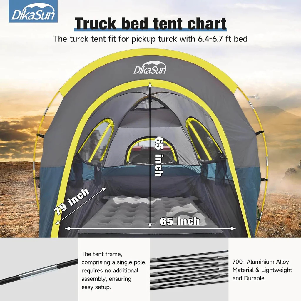 Truck bed tent with rainfly and awning fitted over a pickup bed