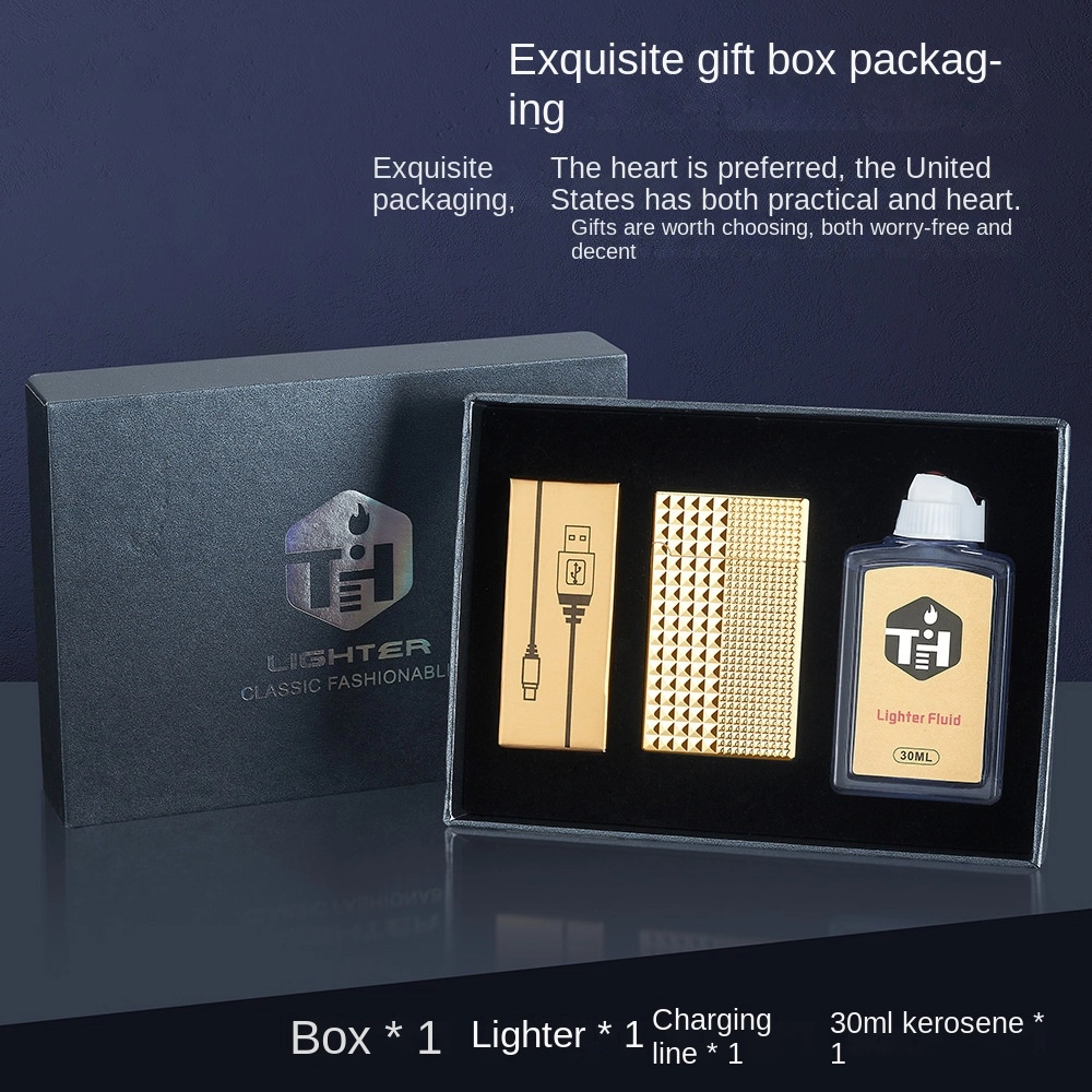 Gift box with lighter, charging cable and fuel bottle inside
