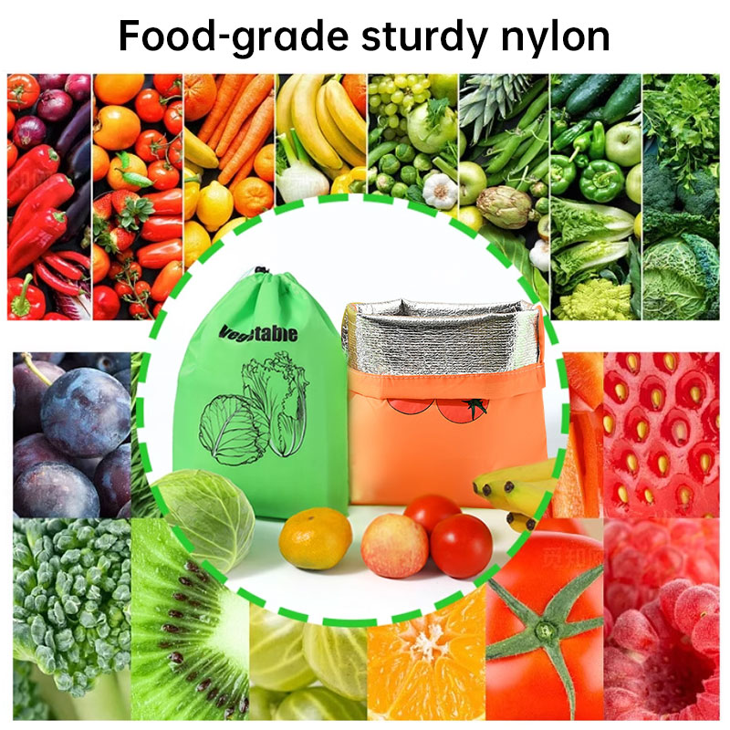 Yellow, green and orange drawstring produce bags side by side
